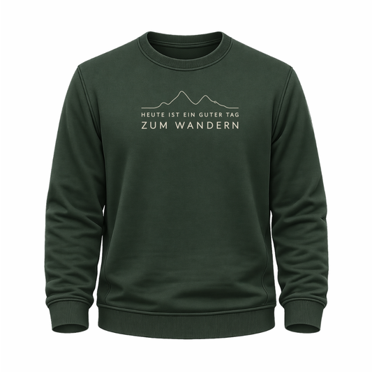 Grünes Wander Sweatshirt mit minimalistischem Höhenlinien-Motiv und dem Spruch „Heute ist ein guter Tag zum Wandern“.