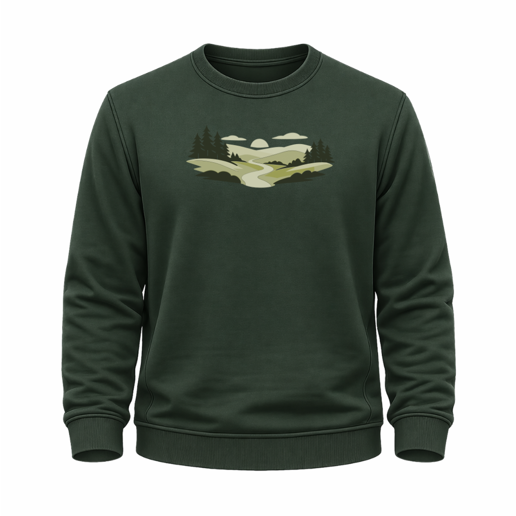 Grünes Wander Sweatshirt mit Waldweg-Motiv, Bäumen, Hügeln und heller Landschaftsgrafik.