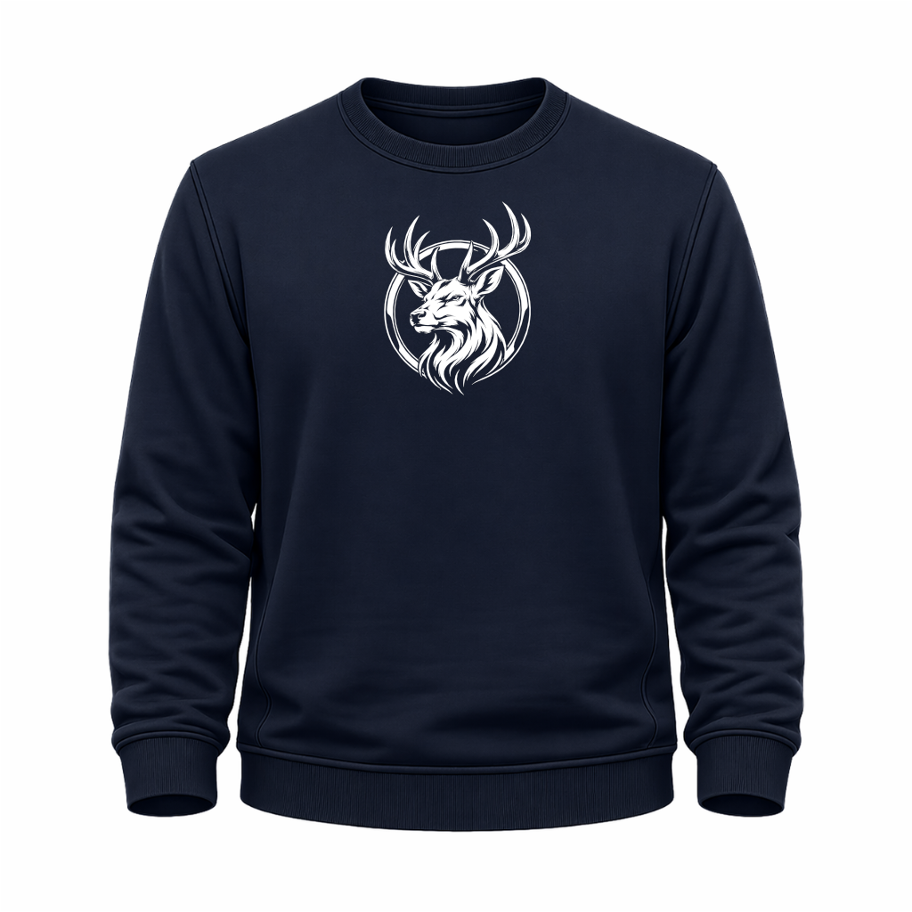Navi Blaues Wander Sweatshirt mit weißem Hirschkopf-Motiv im runden Outdoor-Emblem.