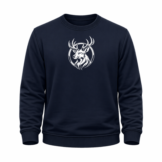 Navi Blaues Wander Sweatshirt mit weißem Hirschkopf-Motiv im runden Outdoor-Emblem.