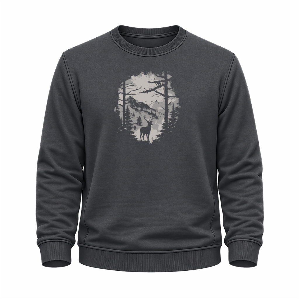 Anthrazitfarbenes Wander Sweatshirt mit Hirsch-Silhouette, Waldmotiv und Bergen.