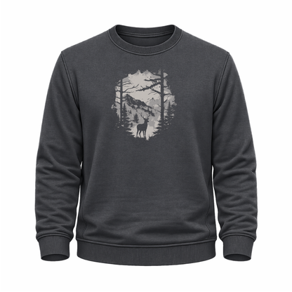 Anthrazitfarbenes Wander Sweatshirt mit Hirsch-Silhouette, Waldmotiv und Bergen.