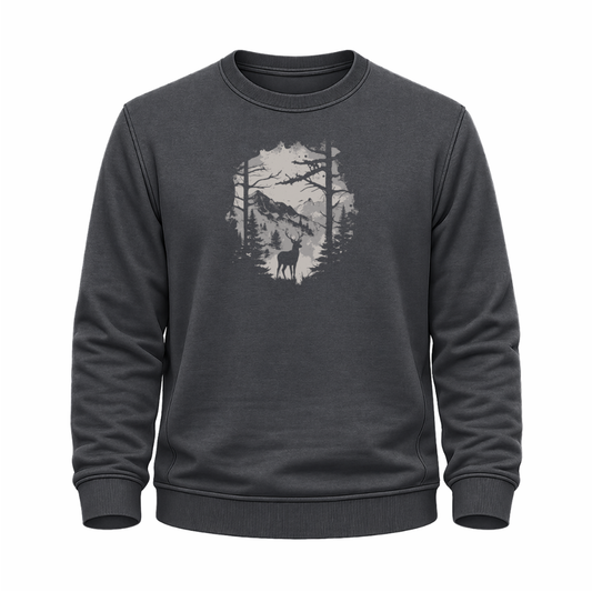 Anthrazitfarbenes Wander Sweatshirt mit Hirsch-Silhouette, Waldmotiv und Bergen.