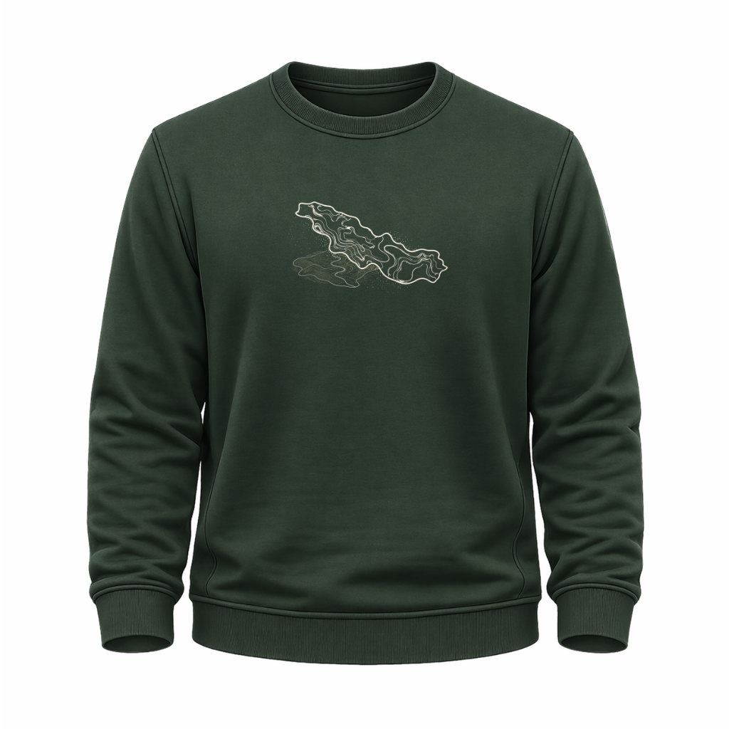 Grünes Wander-Sweatshirt mit abstraktem Thüringer-Wald-Motiv aus hellen Topografie-Linien.