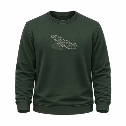 Grünes Wander-Sweatshirt mit abstraktem Thüringer-Wald-Motiv aus hellen Topografie-Linien.