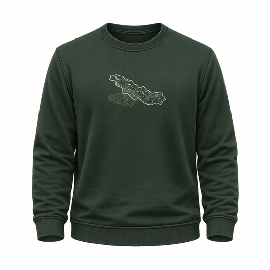 Grünes Wander-Sweatshirt mit abstraktem Thüringer-Wald-Motiv aus hellen Topografie-Linien.