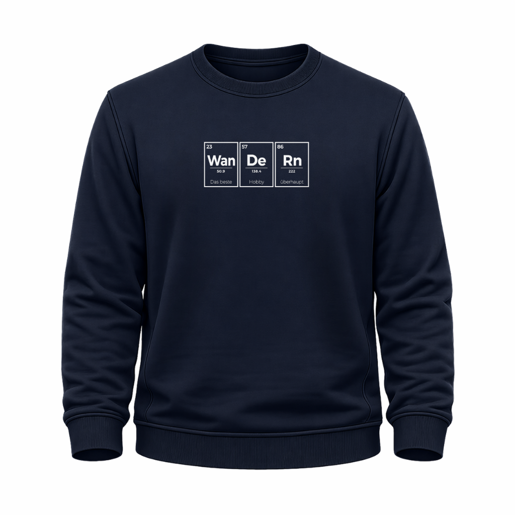 Blaues Wander Sweatshirt mit Periodensystem-Motiv und dem Spruch „Wan De Rn – das beste Hobby überhaupt“.