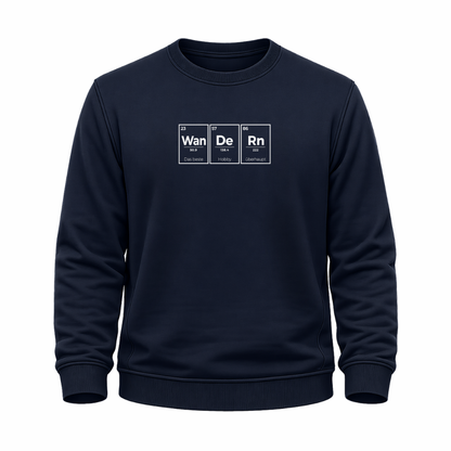 Blaues Wander Sweatshirt mit Periodensystem-Motiv und dem Spruch „Wan De Rn – das beste Hobby überhaupt“.