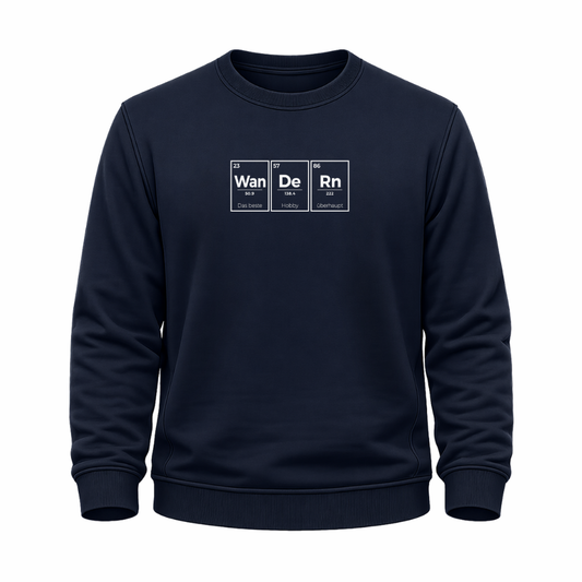 Blaues Wander Sweatshirt mit Periodensystem-Motiv und dem Spruch „Wan De Rn – das beste Hobby überhaupt“.
