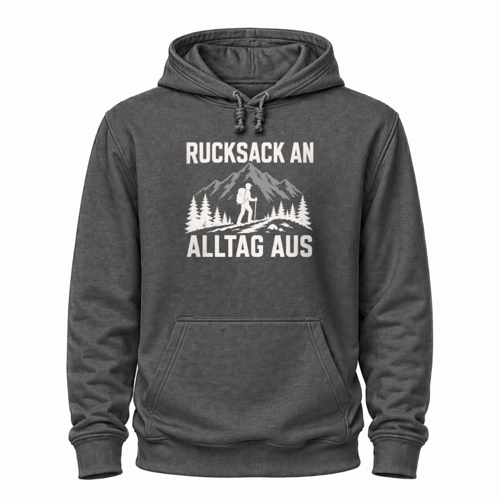 Graues Wander Hoodie mit Aufdruck „Rucksack an, Alltag aus“, Bergen, Tannen und Wanderer.