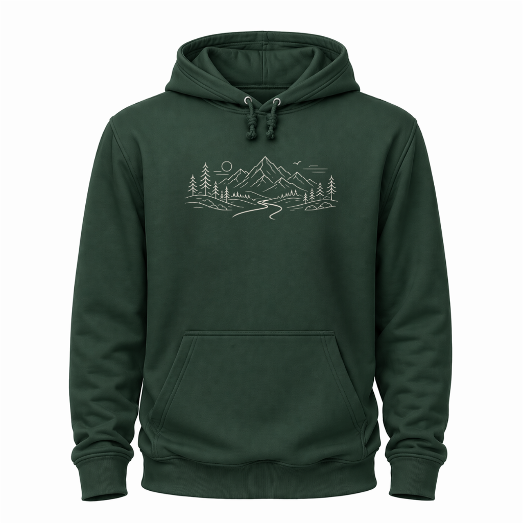Grünes Wander Hoodie mit feinem Bergpfad-Motiv, Bergen, Bäumen, Sonne und Landschaftslinie.