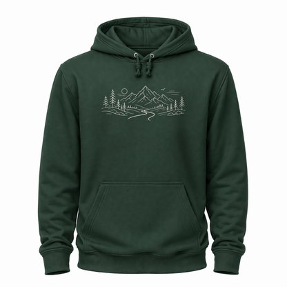 Grünes Wander Hoodie mit feinem Bergpfad-Motiv, Bergen, Bäumen, Sonne und Landschaftslinie.