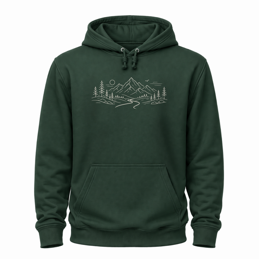 Grünes Wander Hoodie mit feinem Bergpfad-Motiv, Bergen, Bäumen, Sonne und Landschaftslinie.