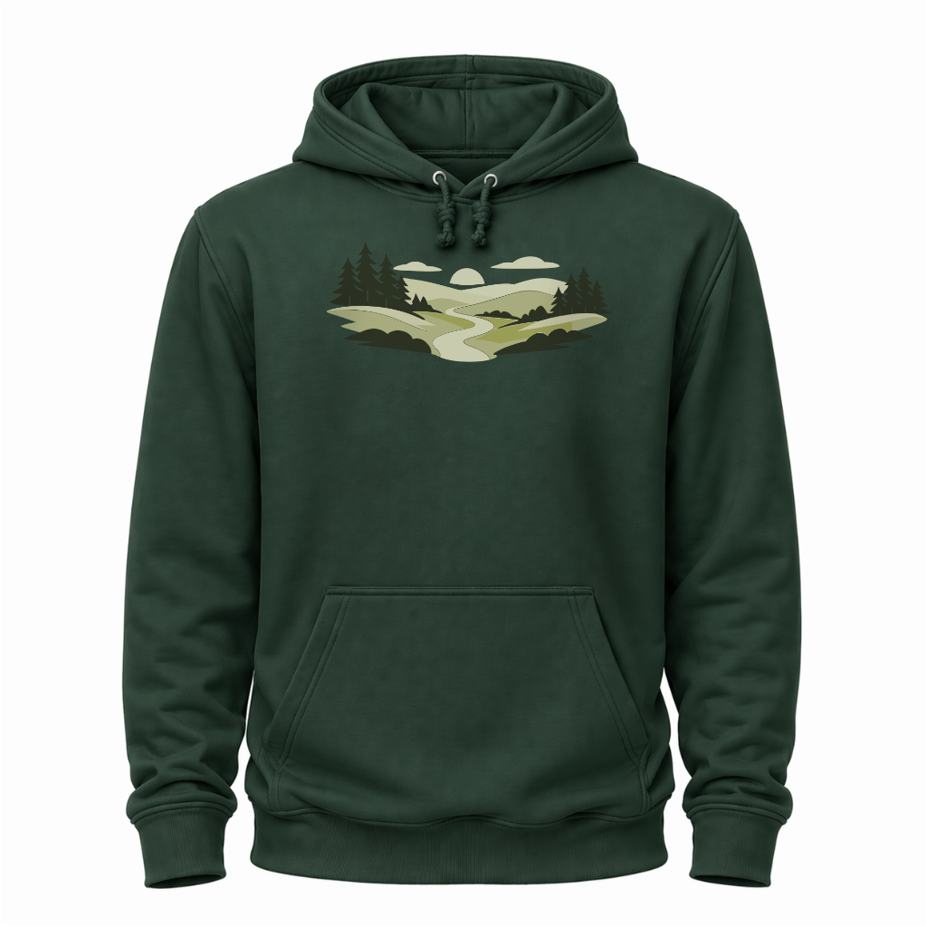 Grünes Wander Hoodie mit Waldweg-Motiv, Bäumen, Hügeln und heller Landschaftsgrafik.