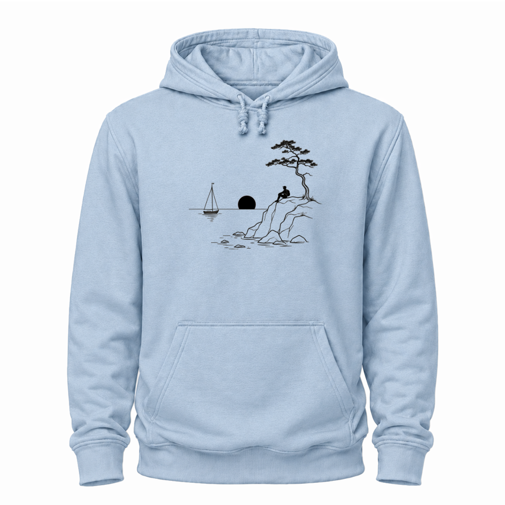 Blaues Wander Hoodie mit minimalistischer Liniengrafik: Wanderer an der Felsküste, Segelboot und Abendsonne. Für ruhige Outdoor-Momente.