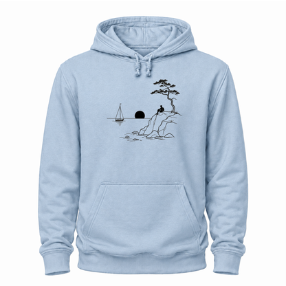 Blaues Wander Hoodie mit minimalistischer Liniengrafik: Wanderer an der Felsküste, Segelboot und Abendsonne. Für ruhige Outdoor-Momente.