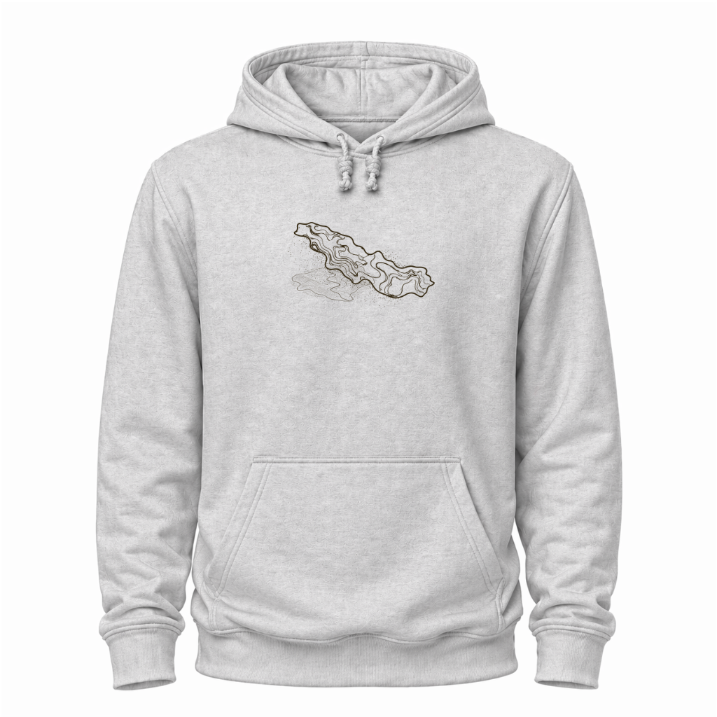 Graues Wander-Hoodie mit abstraktem Thüringer-Wald-Motiv aus hellen Topografie-Linien.