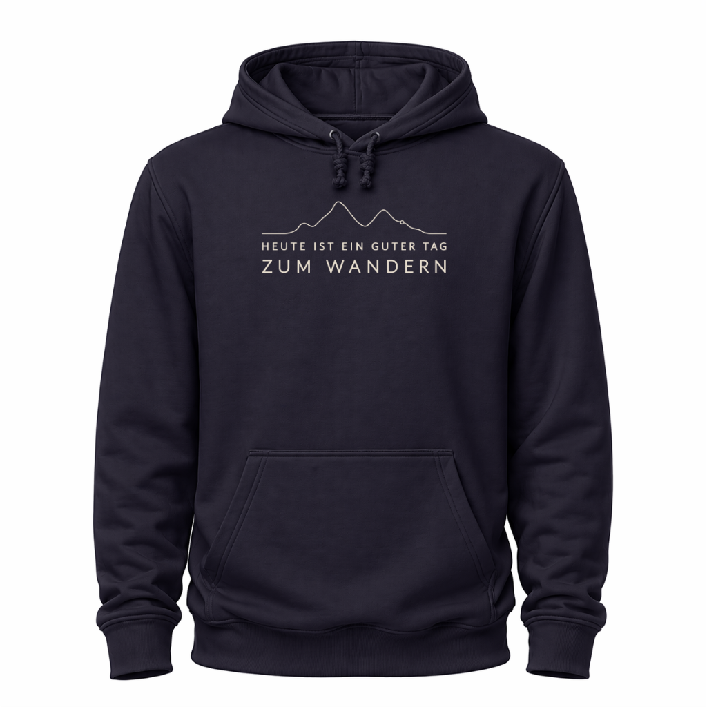 Blaues Wander Hoodie mit minimalistischem Höhenlinien-Motiv und dem Spruch „Heute ist ein guter Tag zum Wandern“.
