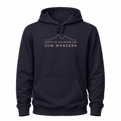 Blaues Wander Hoodie mit minimalistischem Höhenlinien-Motiv und dem Spruch „Heute ist ein guter Tag zum Wandern“.
