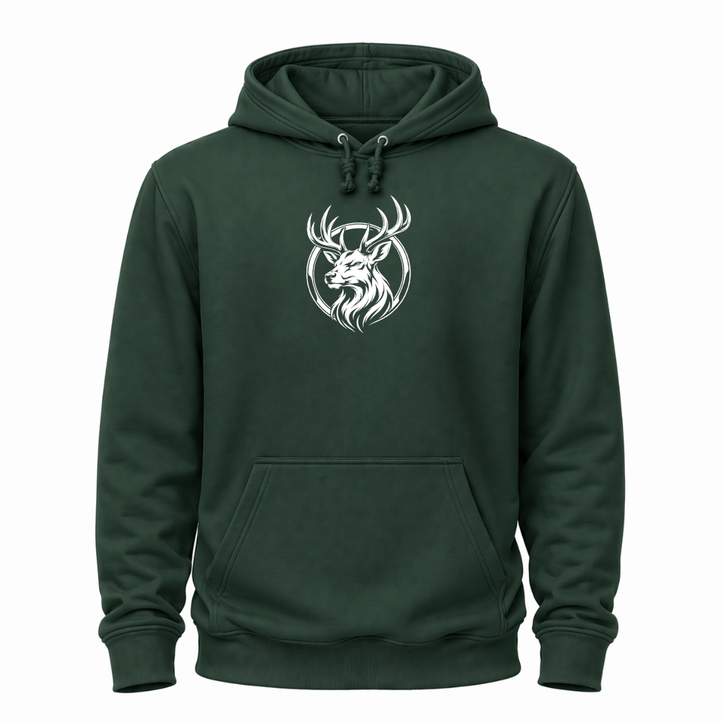GrünesWander Hoodie mit weißem Hirschkopf-Motiv im runden Outdoor-Emblem.