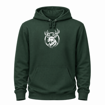 GrünesWander Hoodie mit weißem Hirschkopf-Motiv im runden Outdoor-Emblem.