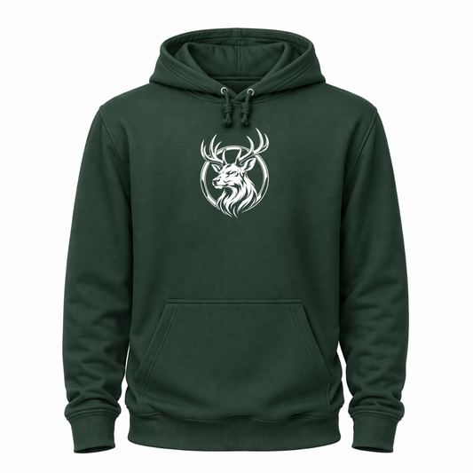 GrünesWander Hoodie mit weißem Hirschkopf-Motiv im runden Outdoor-Emblem.