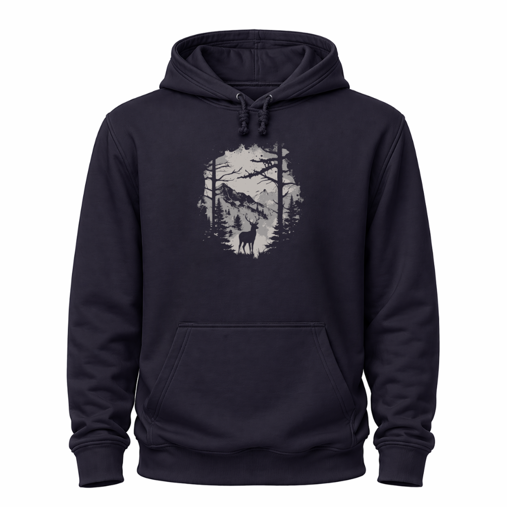 Anthrazitfarbenes Wander Hoodie mit Hirsch-Silhouette, Waldmotiv und Bergen.
