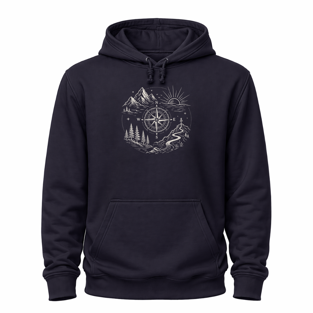 Blaues Wander Hoodie mit feinem Kompassmotiv, Bergen, Wald, Sonnenaufgang und geschwungenem Weg.