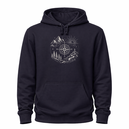 Blaues Wander Hoodie mit feinem Kompassmotiv, Bergen, Wald, Sonnenaufgang und geschwungenem Weg.