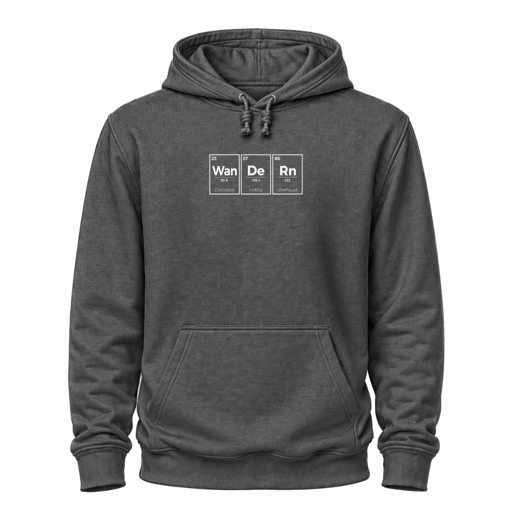 Graues Wander Hoodie mit Periodensystem-Motiv und dem Spruch „Wan De Rn – das beste Hobby überhaupt“.