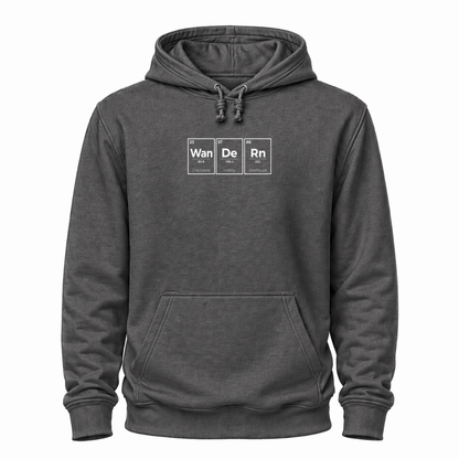 Graues Wander Hoodie mit Periodensystem-Motiv und dem Spruch „Wan De Rn – das beste Hobby überhaupt“.